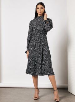 Buy All-Over Print Midi Dress Black / White in UAE