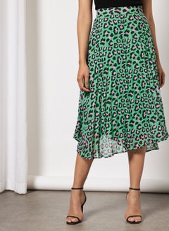 Buy Pleated Printed Skirt Green Leopard in UAE