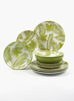 Buy 12 Piece Porcelain Dinner Set - Dishes, Plates - Dinner Plate, Side Plate, Soup Plate - Serves 4 - Printed Design Green Palms Green Palms in UAE