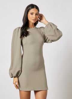 Buy Puff Sleeve Solid Dress Brown in UAE