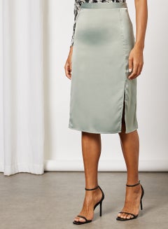 Buy Front Slit Satin Skirt Sage Green in UAE