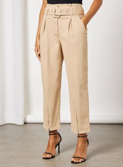 Buy Belted Paperbag Straight Fit High Rise Pants Beige in UAE