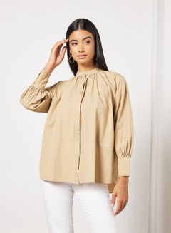 Buy Basic Plain Mandarin Neck Shirt Beige in UAE