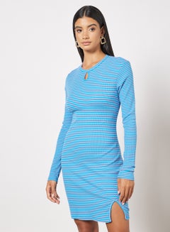 Buy Women's Casual Yarn Dyed Ribbed Striped Design Midi Long Sleeve Knit Dress Blue/Pink in Saudi Arabia