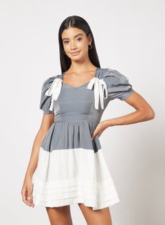 Buy Casual Polyester Puff Short Sleeve Mini Colourblock Dress Flared Hem With  Square Neck White/Black in UAE