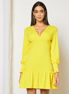 Buy Women v-neck long puff sleeve ruffle hem mini dress Yellow in Saudi Arabia