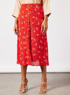 اشتري تنورة مطبوعة بأزرار على كامل التصميم طبعة زهور بلون أحمر في الامارات