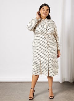 Buy Plus Size Polka Dot Print Shirt Dress Beige in UAE