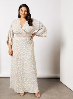 Buy Plus Size Open Back Floral Dress Cream in UAE