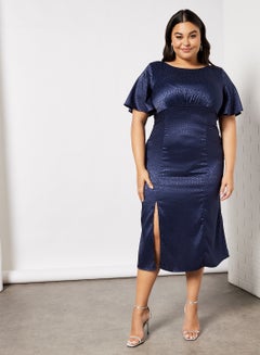 Buy Plus Size Front Slit Midi Dress Blue in UAE