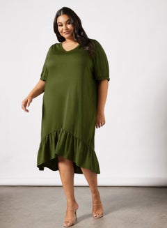 Buy Plus Size V-Neck Midi  Dress Green in UAE