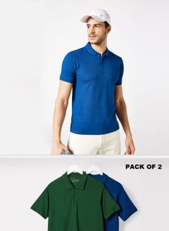 Buy Pack Of 2 Men's Basic Casual Polo Neck Cotton Comfort Fit Half Sleeve T-Shirt Dark Green/Navy in UAE