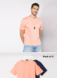 Buy Pack Of 2 Men's Basic V-Neck Cotton Biowashed Fabric Comfort Fit Stylish Design T-Shirt Pink/Dark Navy in UAE