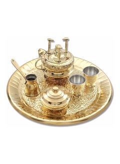 اشتري An Embossed Copper Sprinter Set For Coffee With A Bowl And Tray Gold في مصر