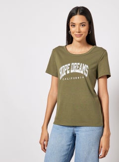 Buy Casual Short Sleeve Round Neck Graphic Print Knit T-Shirt Olive in UAE