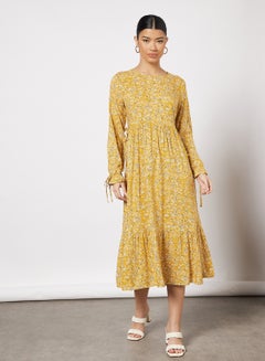 Buy All-Over Print Long Evening  Maxi Tiered Dress Mustard in UAE