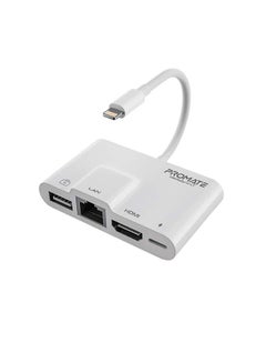 Buy Lightning Hub, 4-in-1 Premium Multimedia Adapter with 1080p HDMI Port, 10/100 Mbps RJ45 Ethernet Port, Quick Data Transfer USB Port and Lightning Charging Port for iPhone 13, MediaSync-LT White in UAE
