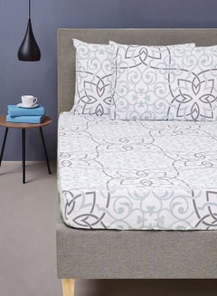 اشتري Fitted Bedsheet Set Single Size  100% Cotton Percale Light Weight Everyday Use 180 TC High Quality 1 Bed Sheet And 2 Pillow Cases Printed Design Grey Color في الامارات