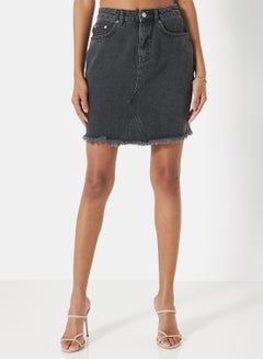 Buy Raw Hem Denim Skirt Black in UAE