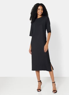 Buy Solid Ribbed Dress Black in UAE