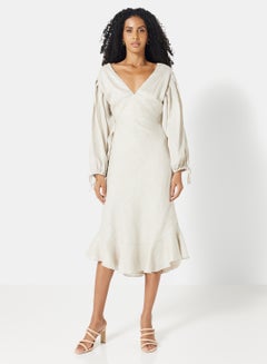 Buy Balloon Sleeve Printed Dress Beige in UAE