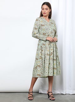 Buy V-Neck Printed Dress Light Green Aop in UAE