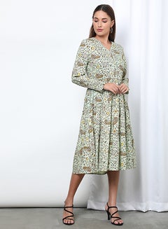 Buy V-Neck Printed Dress Light Green Aop in Saudi Arabia