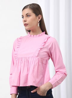 Buy High Neck Long Sleeve Top Pink Solid in UAE