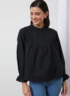 Buy Casual Round Neck Long Sleeve Blouse Black Solid in Saudi Arabia