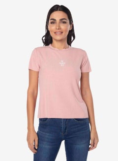 Buy Ribbed Detail Crew Neck Top Dusty Pink in UAE