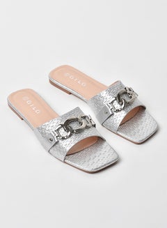 Buy Chain Detail Broad Strap Flat Sandals Silver in UAE