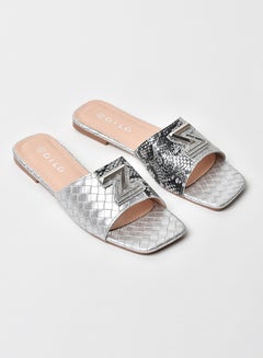 Buy Checked Pattern Broad Strap Flat Sandals Silver in Saudi Arabia