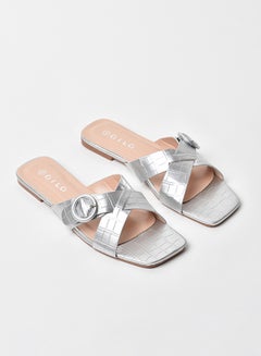 Buy Animal Pattern Cross Over Strap Flat Sandals Silver in Saudi Arabia