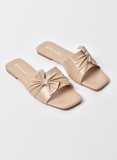 Buy Gathered Bow Detail Strap Flat Sandals Beige in Saudi Arabia