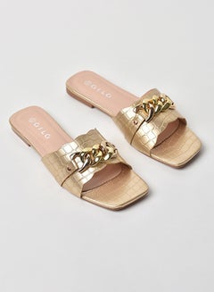 Buy Animal Pattern Chain Detail Strap Flat Sandals Gold in Saudi Arabia