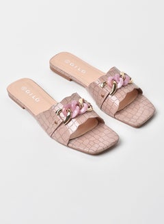 Buy Animal Pattern Chain Detail Strap Flat Sandals Pink in Saudi Arabia