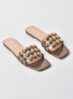 Buy Stone Embellished Strap Flat Sandals Bronze in Saudi Arabia