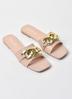 Buy Chain Detail Broad Strap Flat Sandals Beige in Saudi Arabia
