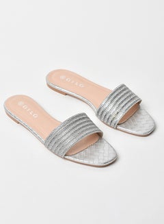 Buy Embellished Broad Strap Flat Sandals Silver in Saudi Arabia