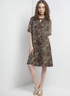 Buy Stylish Knee Length Dress Green/Brown in Saudi Arabia