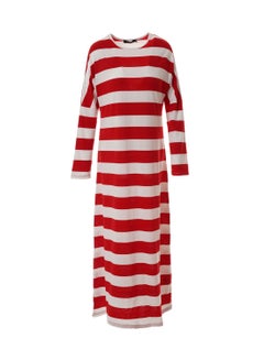 Buy Casual Midi Sleeve Stripe Kaftan Long Evening Maxi Knit Dress Red/White in Saudi Arabia