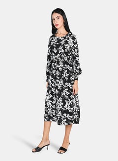 Buy All Over Printed Long Evening Maxi Dress Black/White in Saudi Arabia