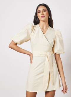 Buy Casual Criss Cross V-Neck Puff Sleeve Plain/Basic Mini Dress With Belt Beige in UAE