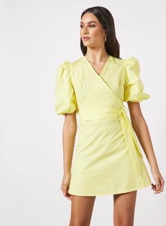 Buy Casual Criss Cross V-Neck Puff Sleeve Plain/Basic Mini Dress With Belt Light Yellow in Saudi Arabia