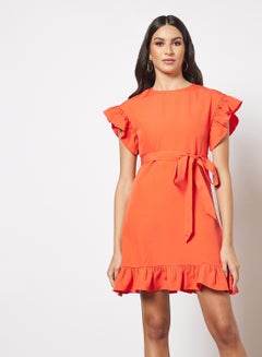 اشتري Casual Ruffle Cap Sleeve Mini Belted Dress With Round Neck Ruffle Hem 51 Red في السعودية