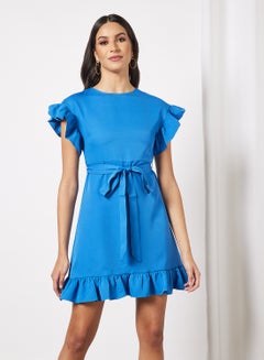اشتري فستان قصير كاجوال بأكمام كاب وحزام وبرقبة مستديرة وحافة مكشكشة 69 أزرق في السعودية