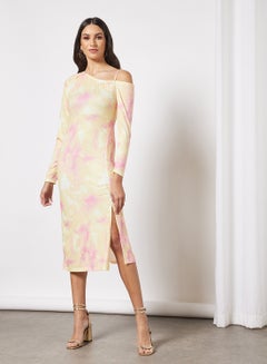 Buy Casual One Shoulder Long Sleeve Side Slit Tie Dye Midi Dress 4 Yellow Print in UAE