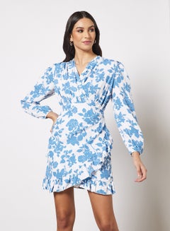 Buy Casual Cross V-Neck Long Sleeve Ruffle Hem Mini Dress Printed Patteren 2 Blue Print in Saudi Arabia