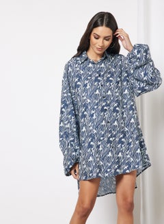 Buy Casual Collared Neck Long Sleeve Oversized Shirt Dress 5 Blue Print in Saudi Arabia