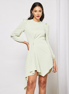 Buy Casual Polyester Long Sleeve Mini Dress With Round Neck Asymmetrical Hem Light Green in UAE